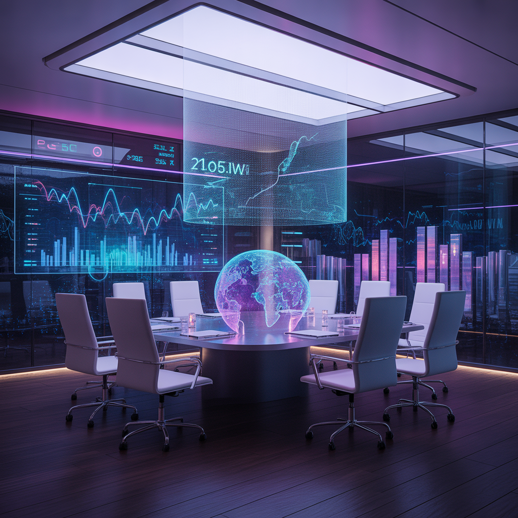 A premium corporate boardroom with ultra-modern design, holographic data projections floating above a sleek conference table, real-time business analytics displayed on transparent glass screens, ambient indigo and violet mood lighting, luxury minimalist interior design, photorealistic, no people